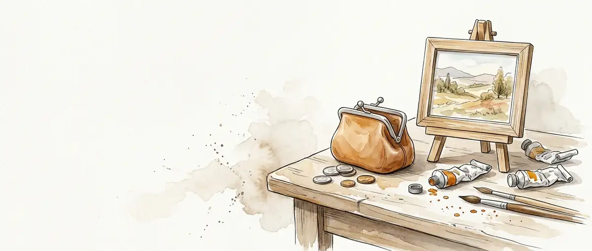 Кошелёк с монетами рядом с картиной на мольберте — тарифы Seedream 4